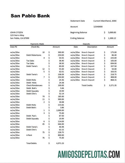 Modelo realista de extrato de conta bancária de San Pablo dos EUA, modelo Word e PDF